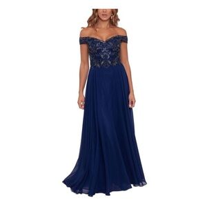 Xscape Navy Off-Shoulder Embellished Maxi Dress size 12 NEW